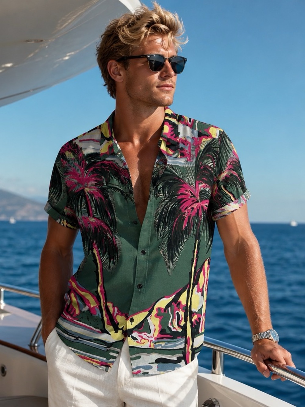 Men’s Green Tropical Palm Tree Button-Down Shirt Size M by Young Poets Society